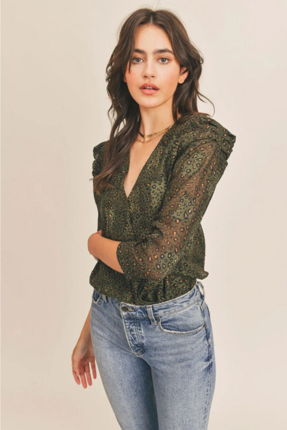 Long Sleeve Bodysuit (Olive Animal)