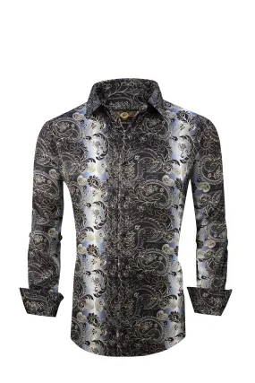 Men PREMIERE Long Sleeve Button Down Dress Shirt Silky Black Gold Paisley Design