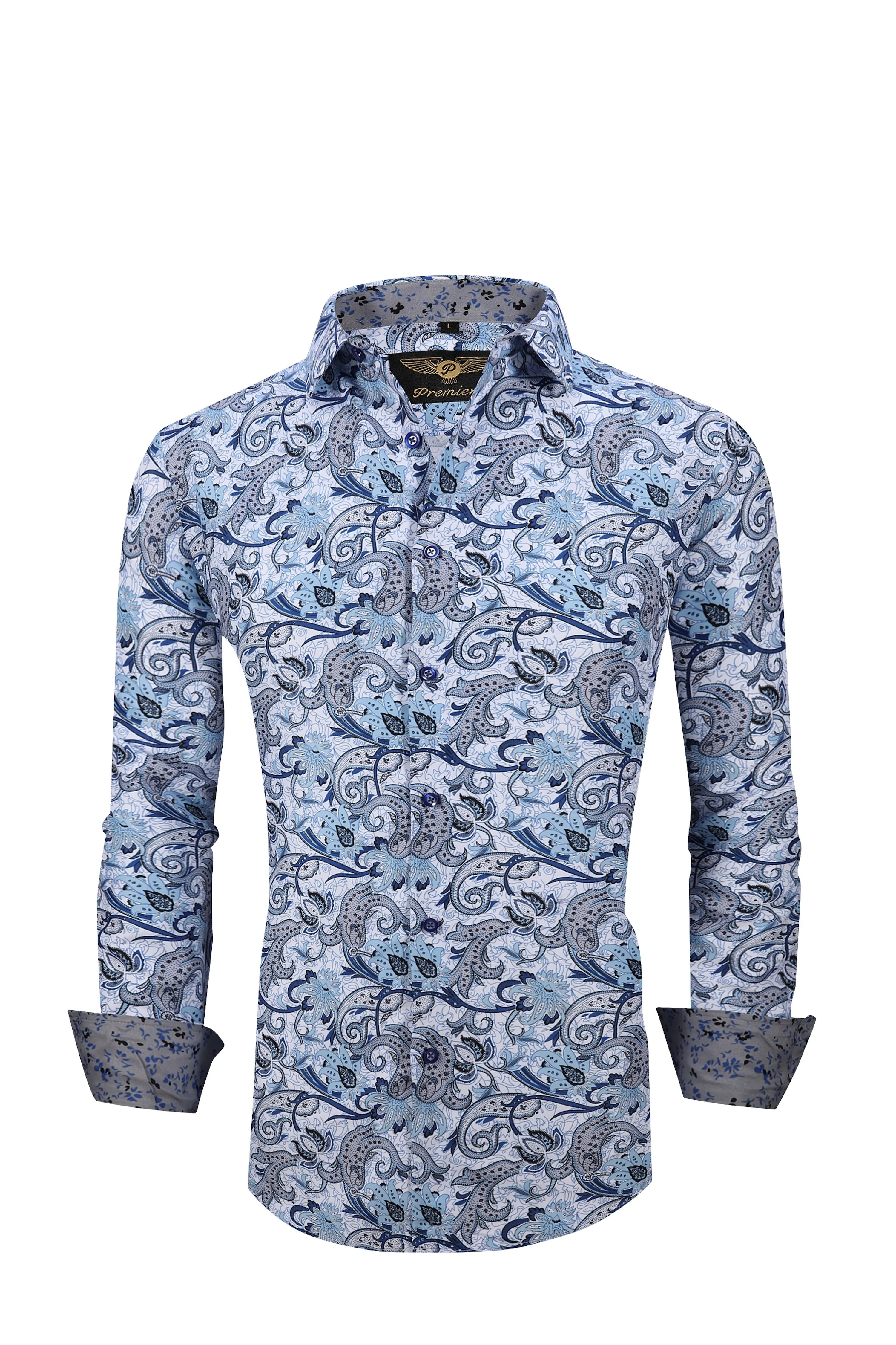 Men PREMIERE Long Sleeve Button Up Dress Shirt Light Blue Paisley