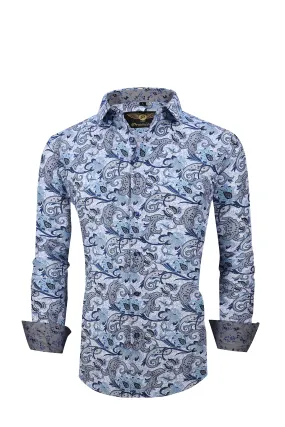 Men PREMIERE Long Sleeve Button Up Dress Shirt Light Blue Paisley