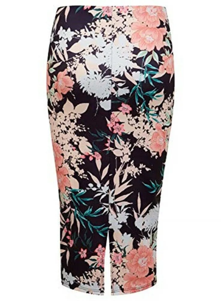 Multi Oriental Floral Pencil High Waist Skirt