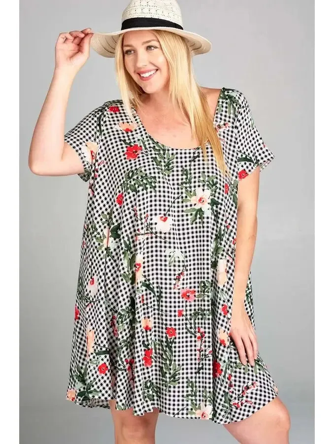 Plus Size Floral Checkered Babydoll Dress