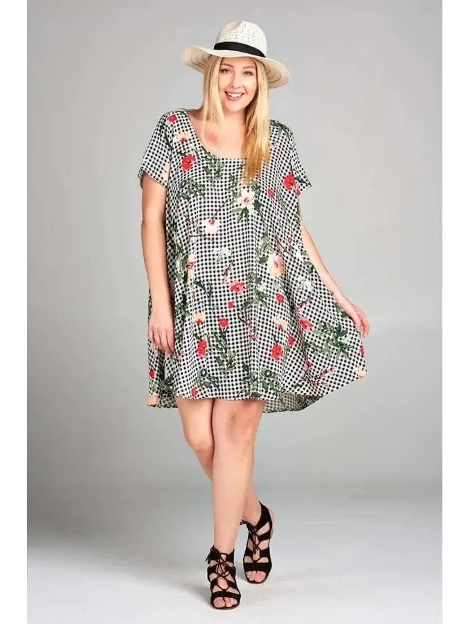 Plus Size Floral Checkered Babydoll Dress