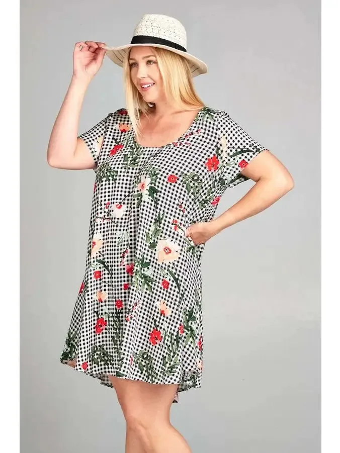 Plus Size Floral Checkered Babydoll Dress