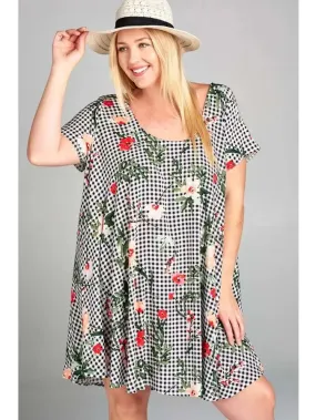 Plus Size Floral Checkered Babydoll Dress