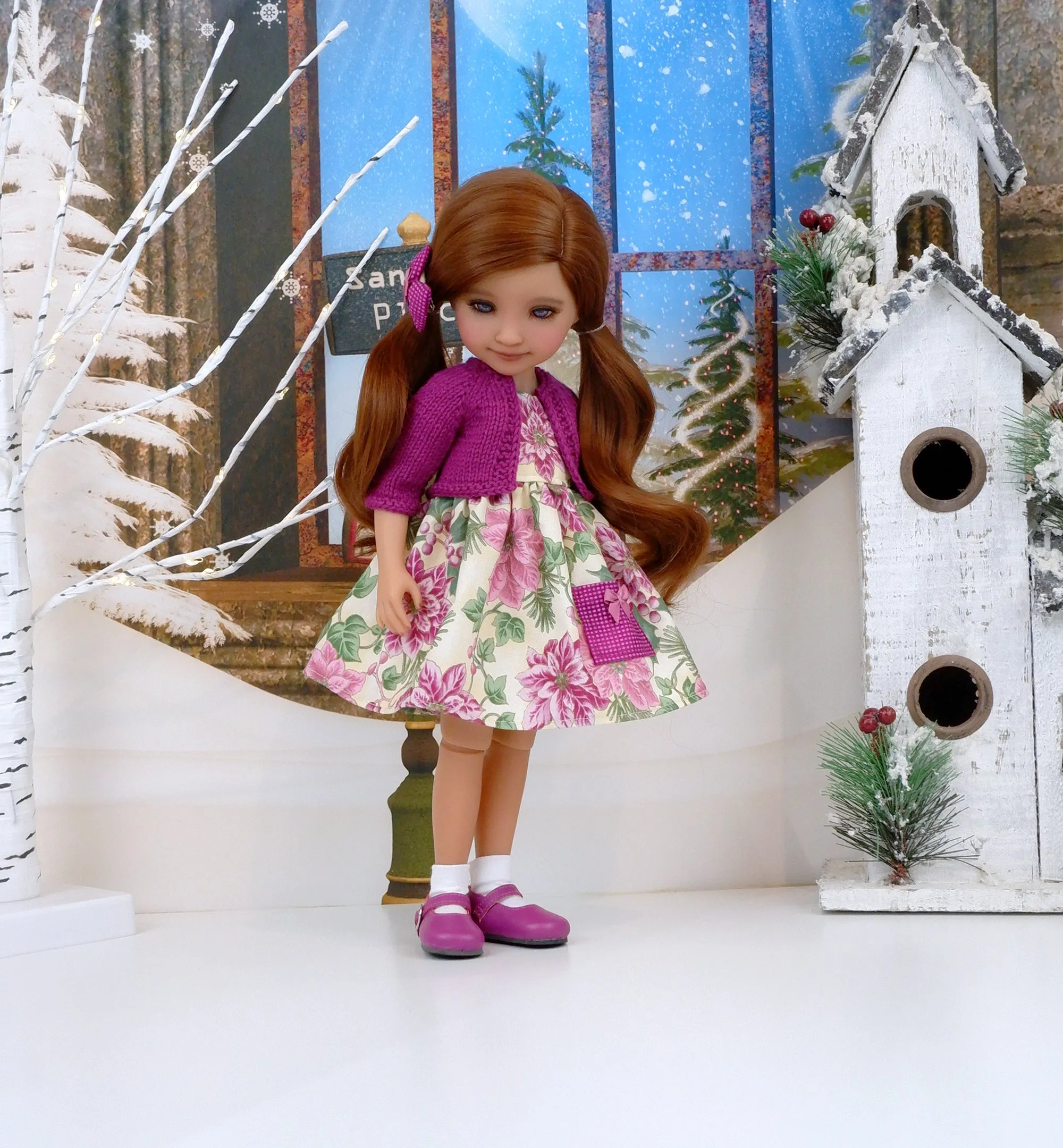 Pretty Pink Poinsettia - dress with sweater & shoes for Ruby Red Fashion Friends doll