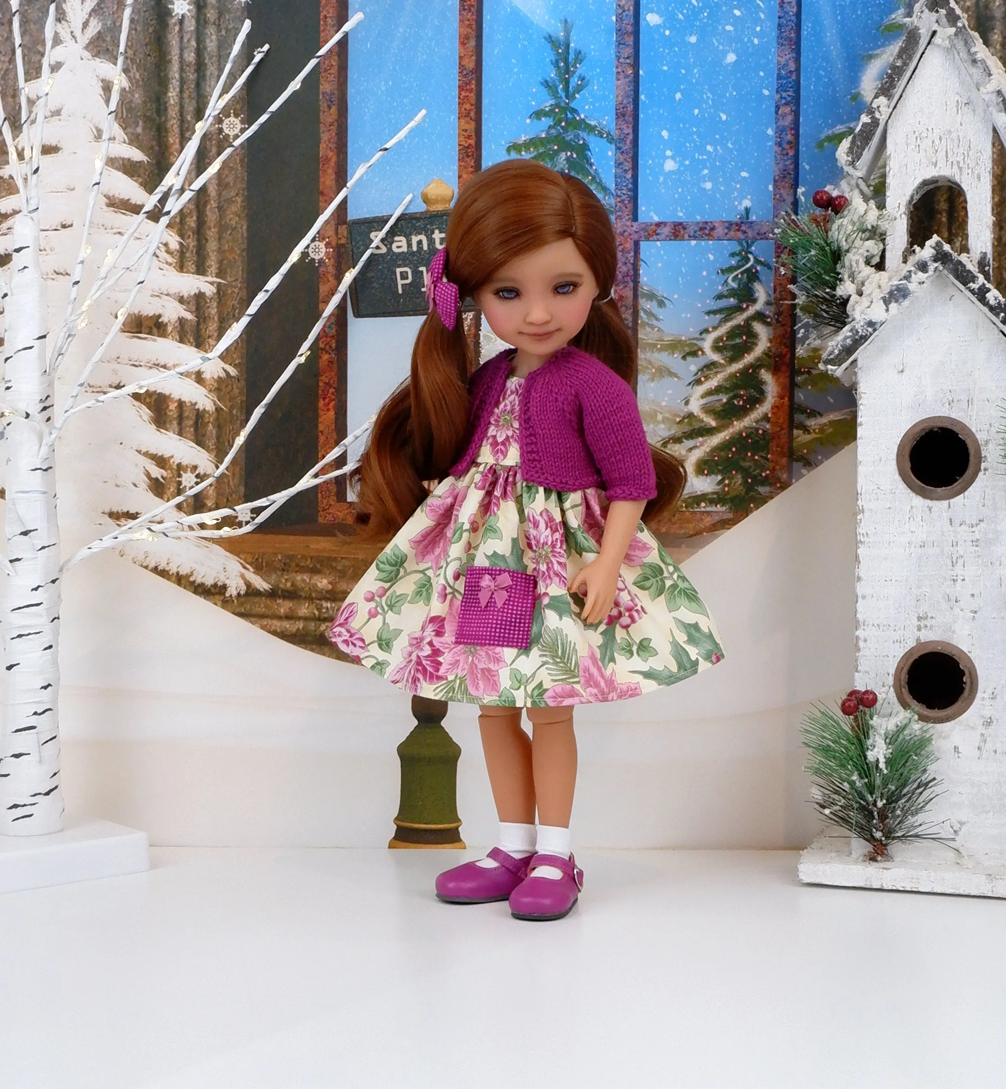 Pretty Pink Poinsettia - dress with sweater & shoes for Ruby Red Fashion Friends doll