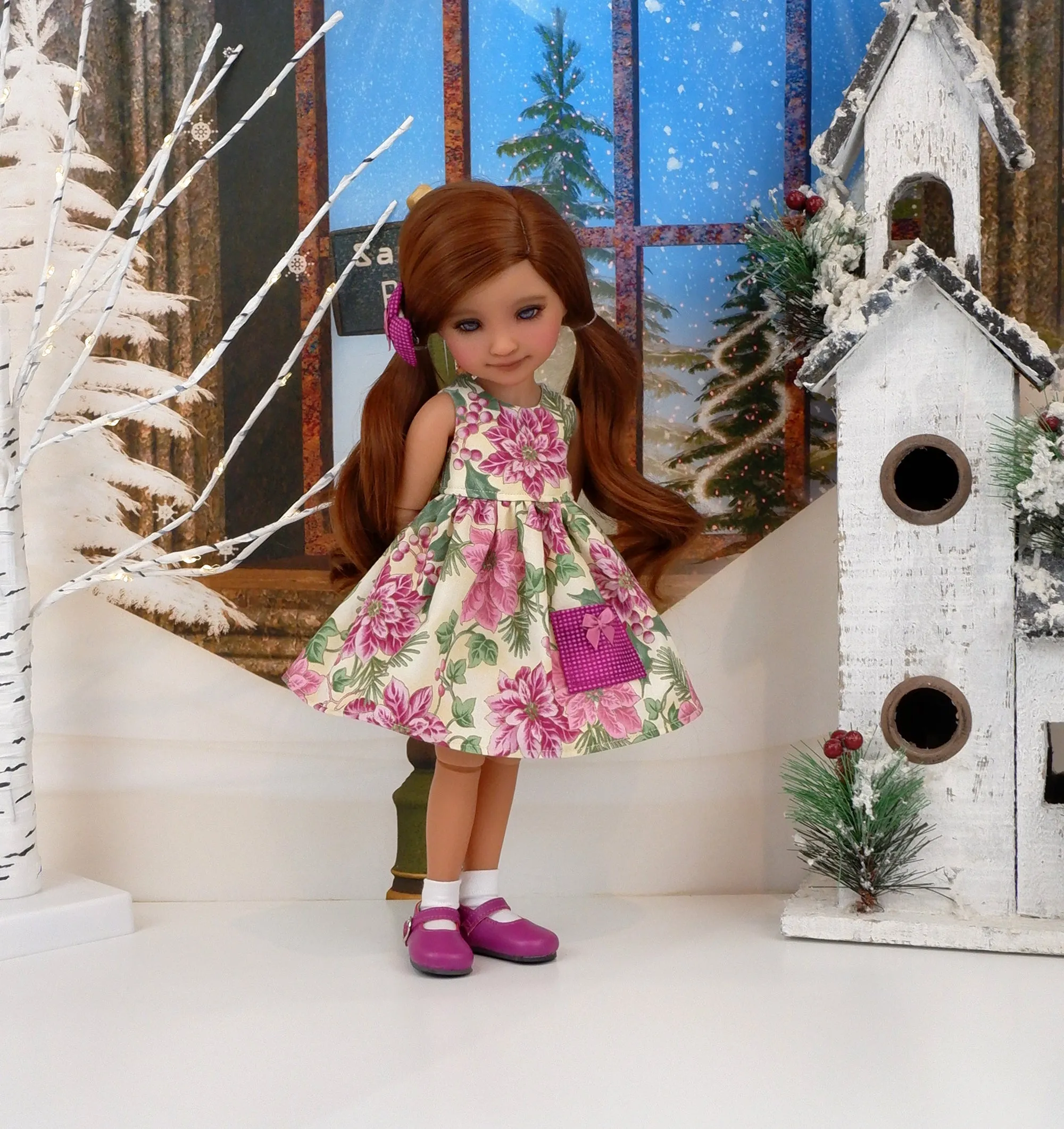Pretty Pink Poinsettia - dress with sweater & shoes for Ruby Red Fashion Friends doll