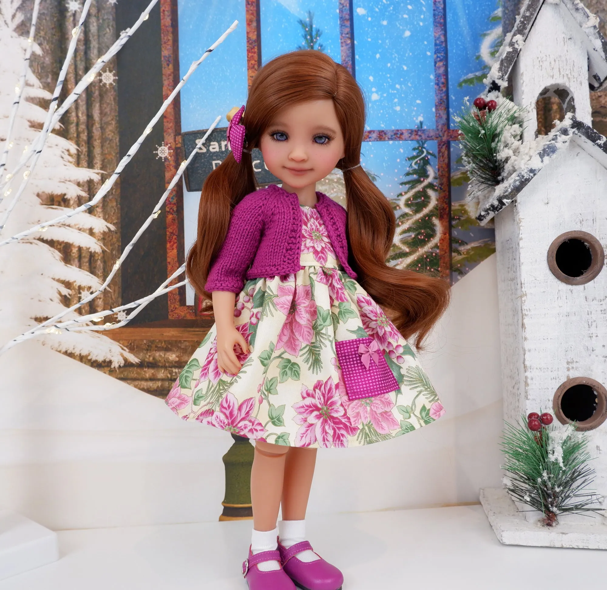 Pretty Pink Poinsettia - dress with sweater & shoes for Ruby Red Fashion Friends doll