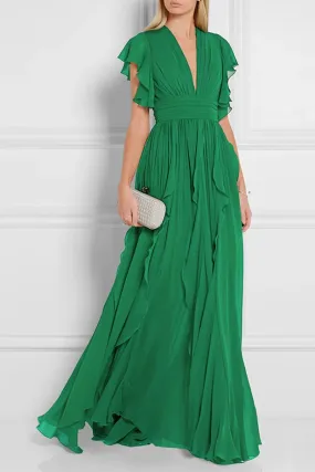 prom green tiered dress with deep v neckline 4446