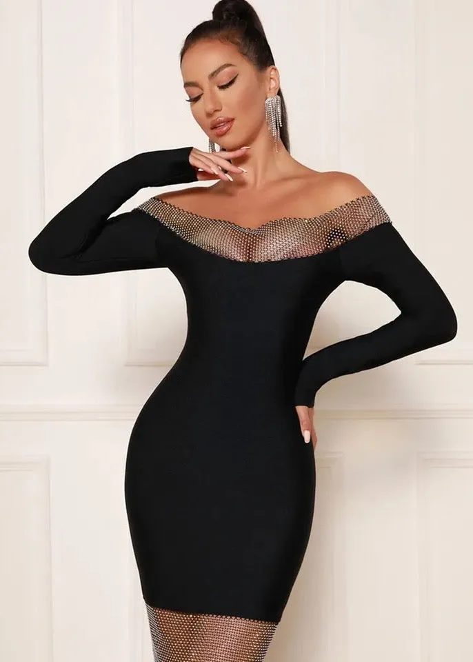 Rhinestone Fishnet Inserts Long Sleeved Dress