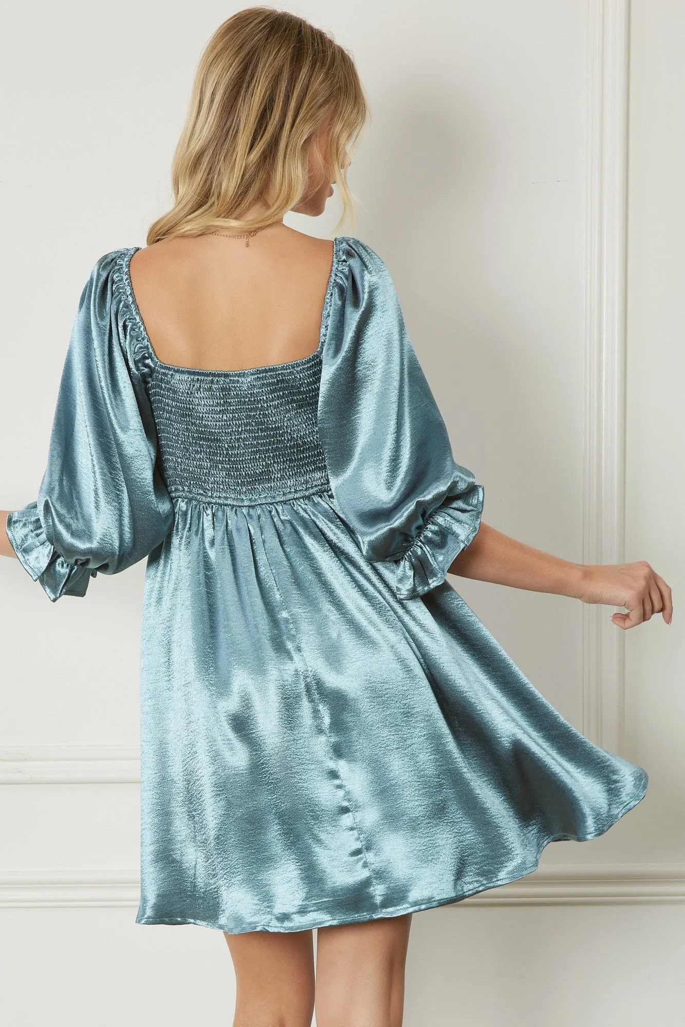 Sea Green Satin Square Neck Babydoll Dress