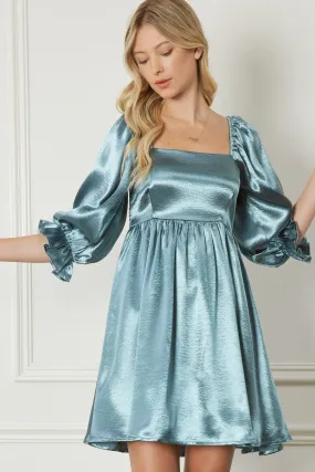 Sea Green Satin Square Neck Babydoll Dress
