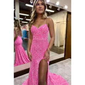Sweetheart Spaghetti Straps Sequins Sheath Long Prom Evening Dress With Slit