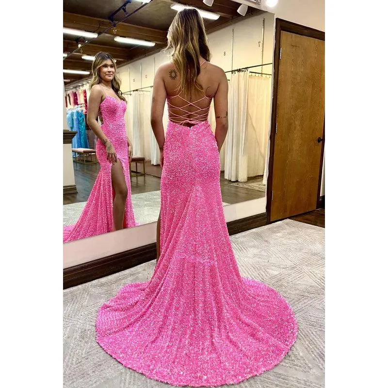 Sweetheart Spaghetti Straps Sequins Sheath Long Prom Evening Dress With Slit