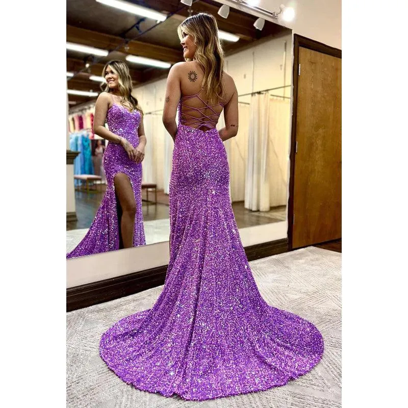 Sweetheart Spaghetti Straps Sequins Sheath Long Prom Evening Dress With Slit