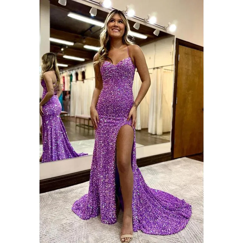 Sweetheart Spaghetti Straps Sequins Sheath Long Prom Evening Dress With Slit