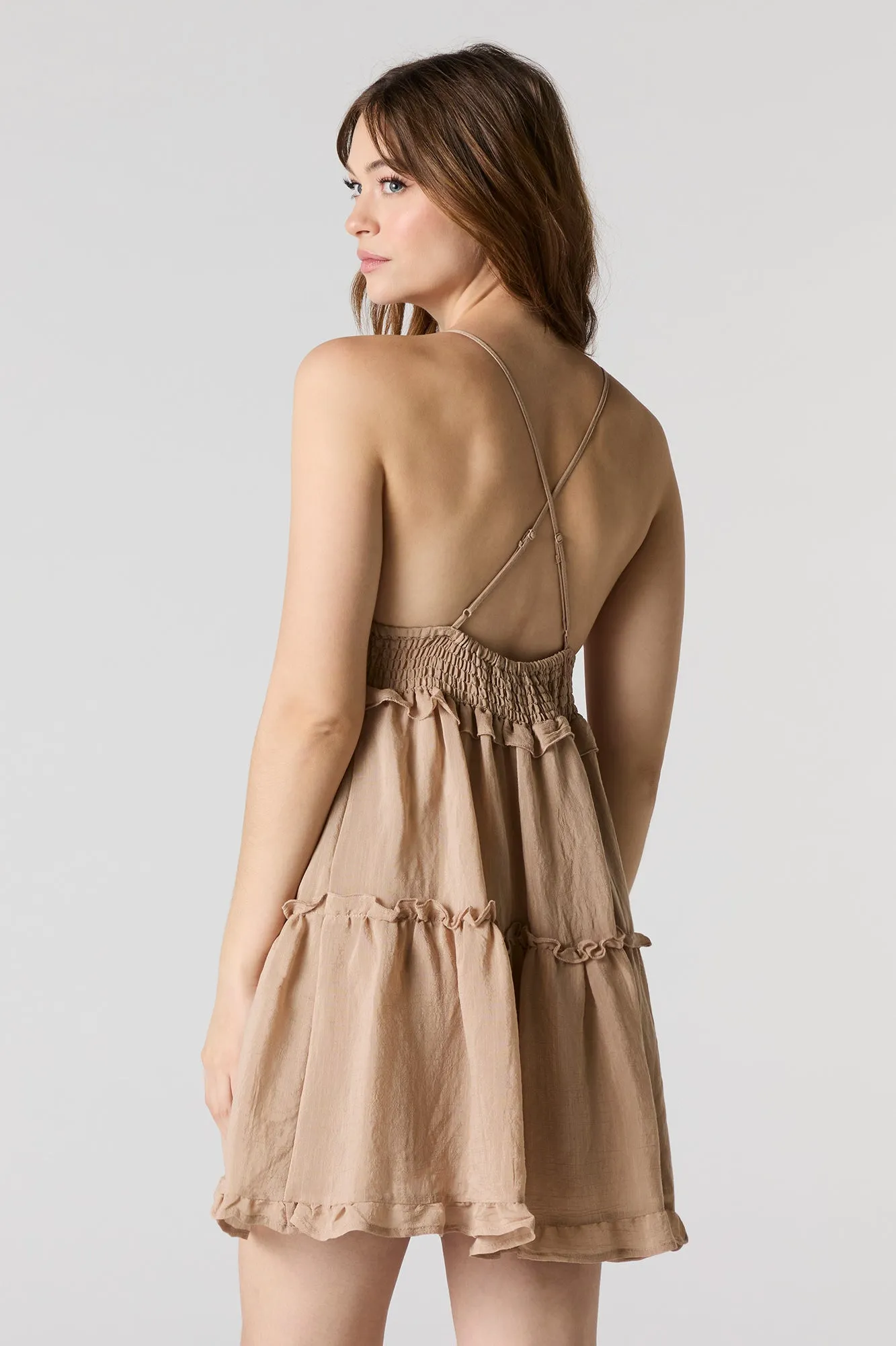 V-Neck Lace Trim Mini Babydoll Dress