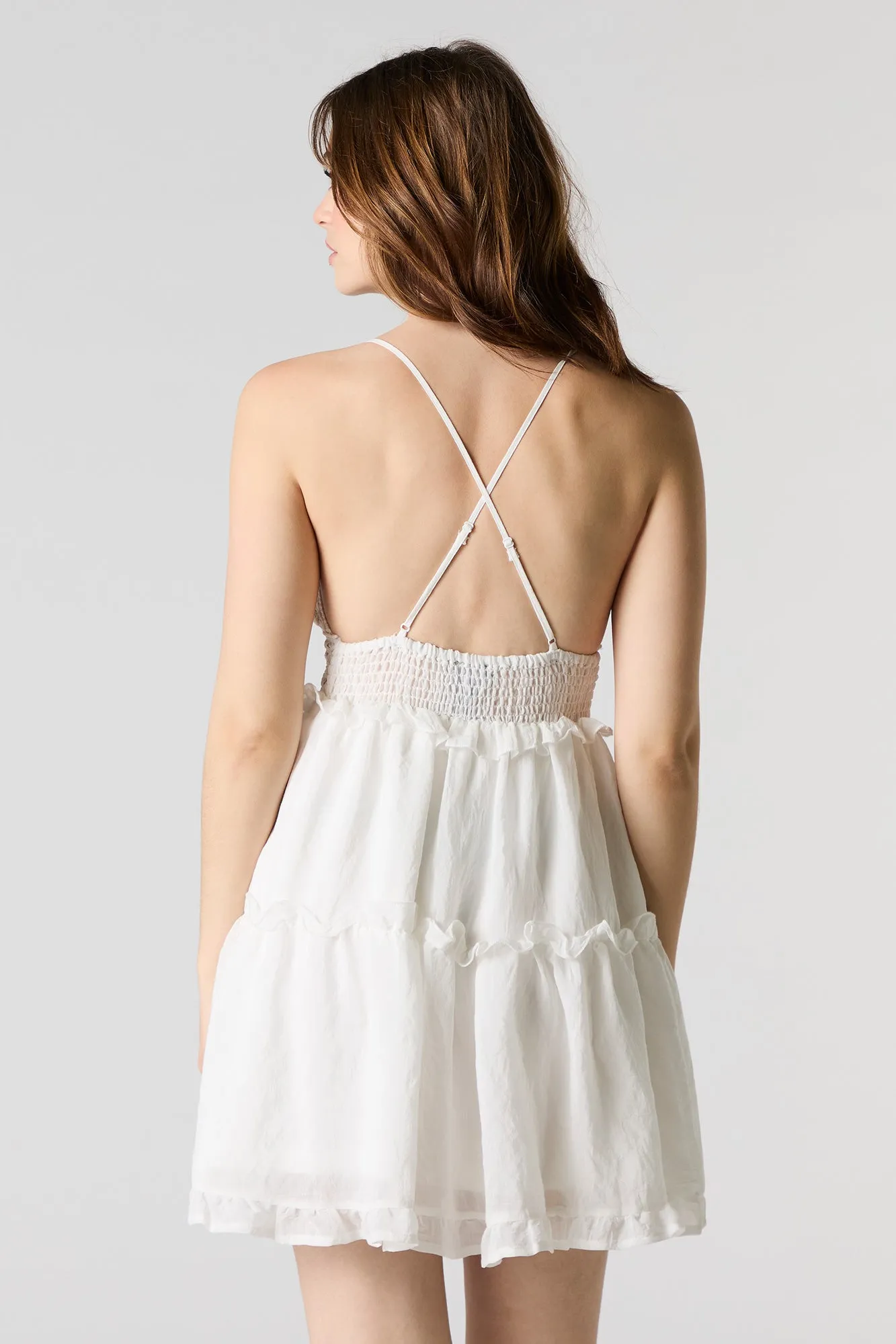 V-Neck Lace Trim Mini Babydoll Dress