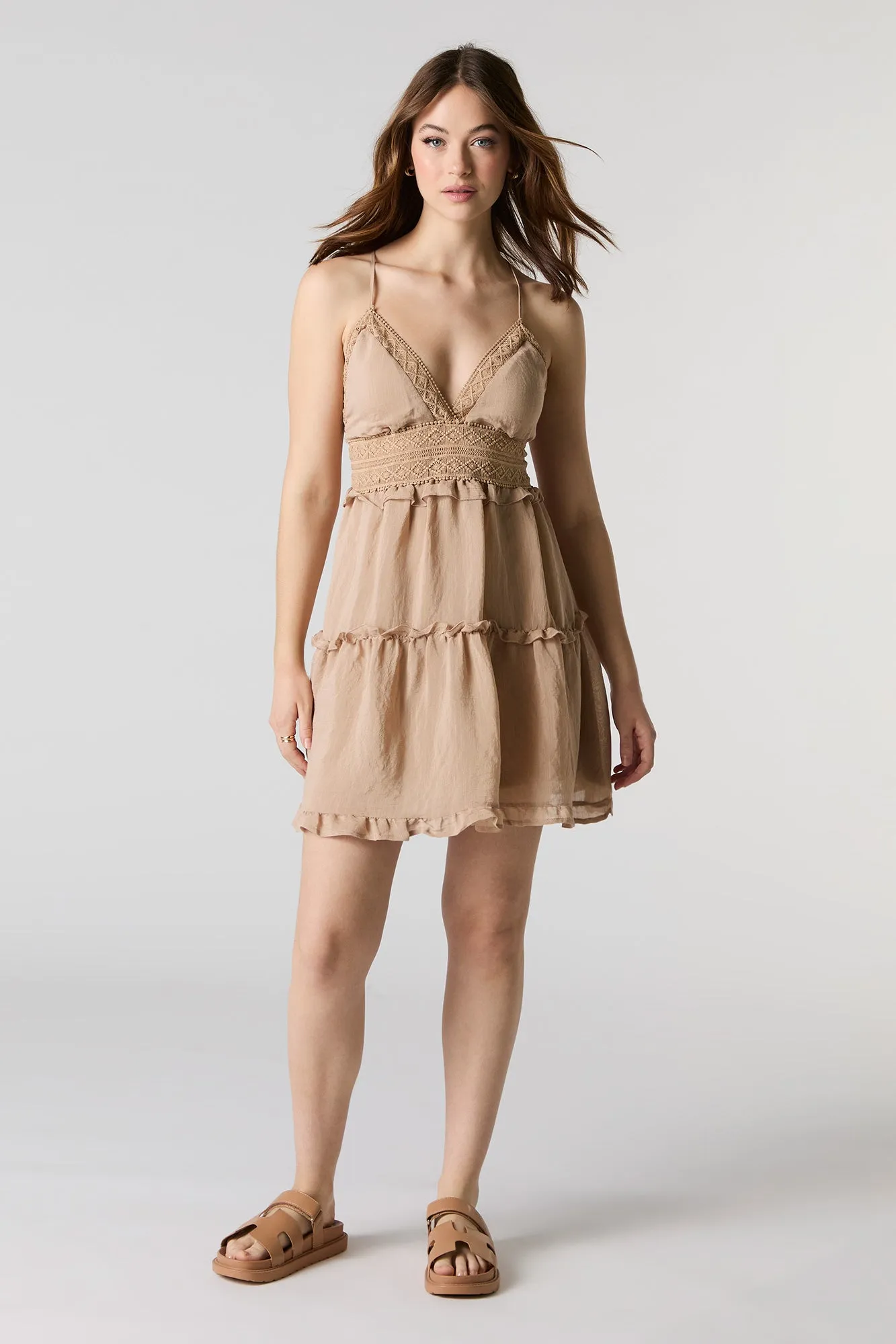 V-Neck Lace Trim Mini Babydoll Dress