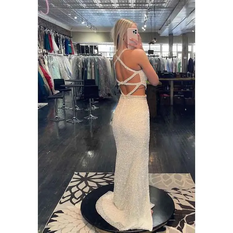 V-Neck Sequined Cut Outs Criss-Cross Straps Long Prom Dress