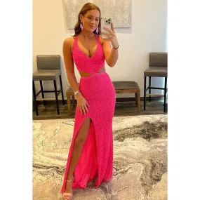 V-Neck Sequined Cut Outs Criss-Cross Straps Long Prom Dress