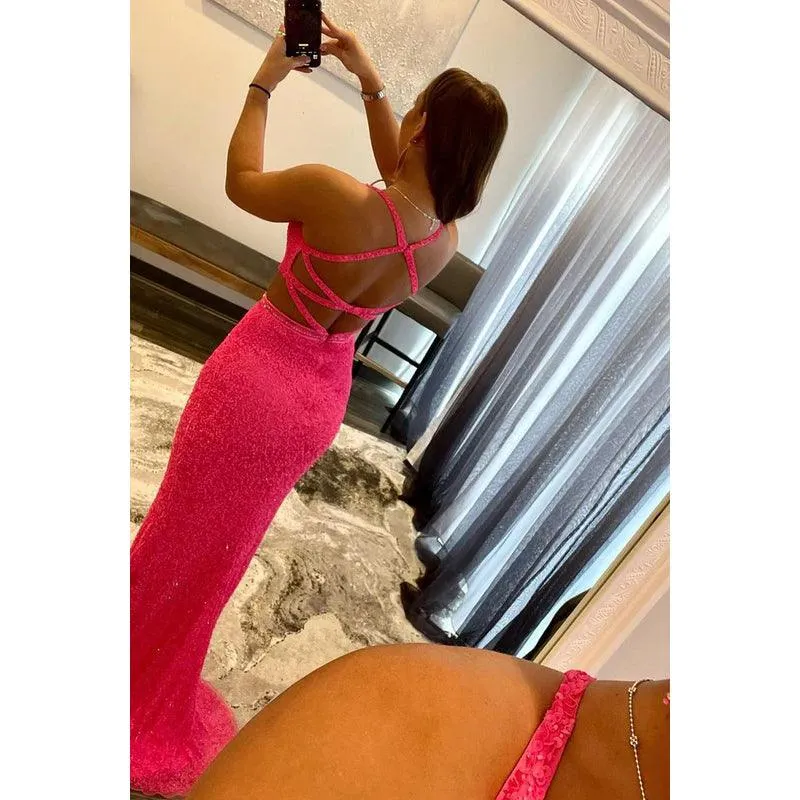 V-Neck Sequined Cut Outs Criss-Cross Straps Long Prom Dress