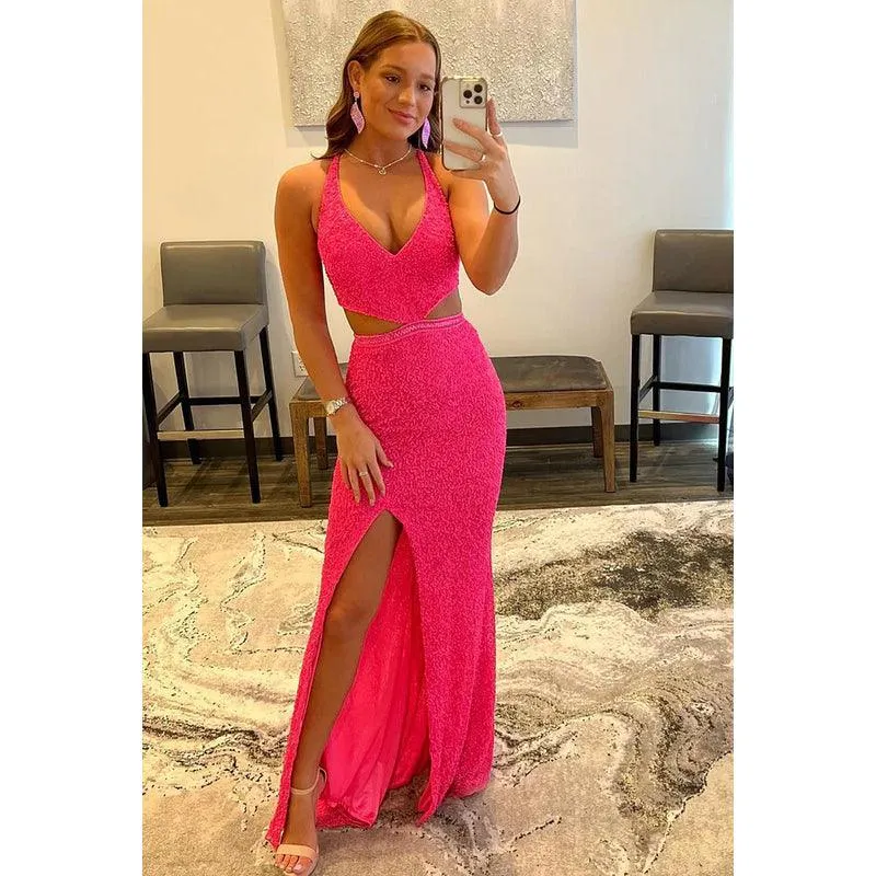V-Neck Sequined Cut Outs Criss-Cross Straps Long Prom Dress