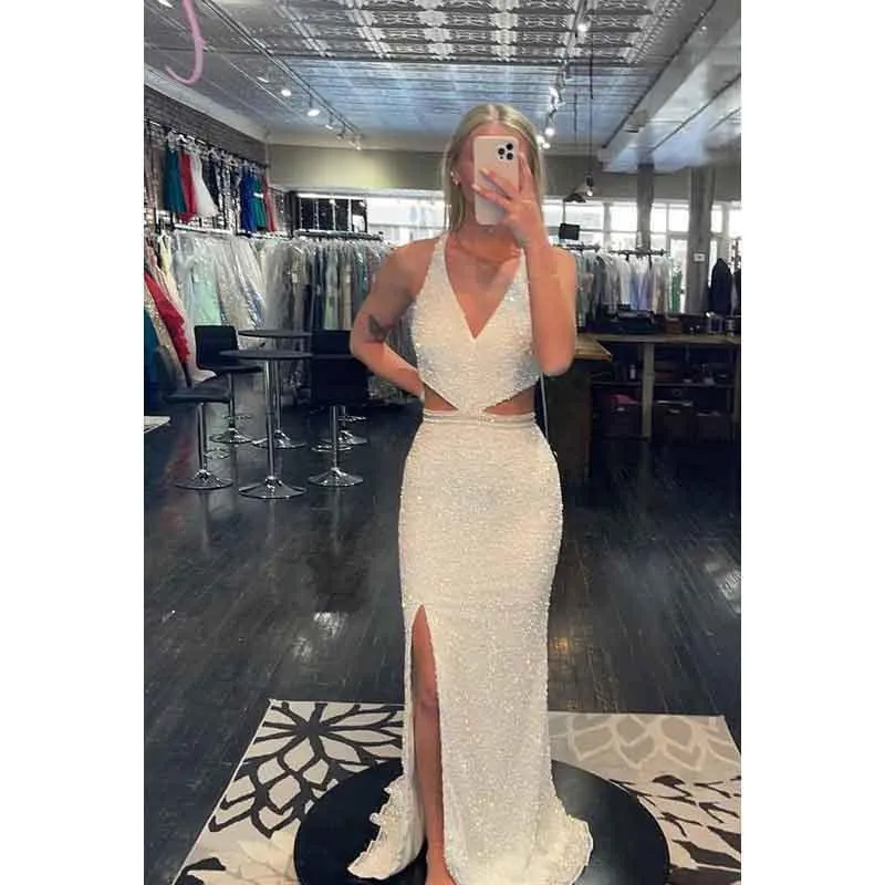 V-Neck Sequined Cut Outs Criss-Cross Straps Long Prom Dress