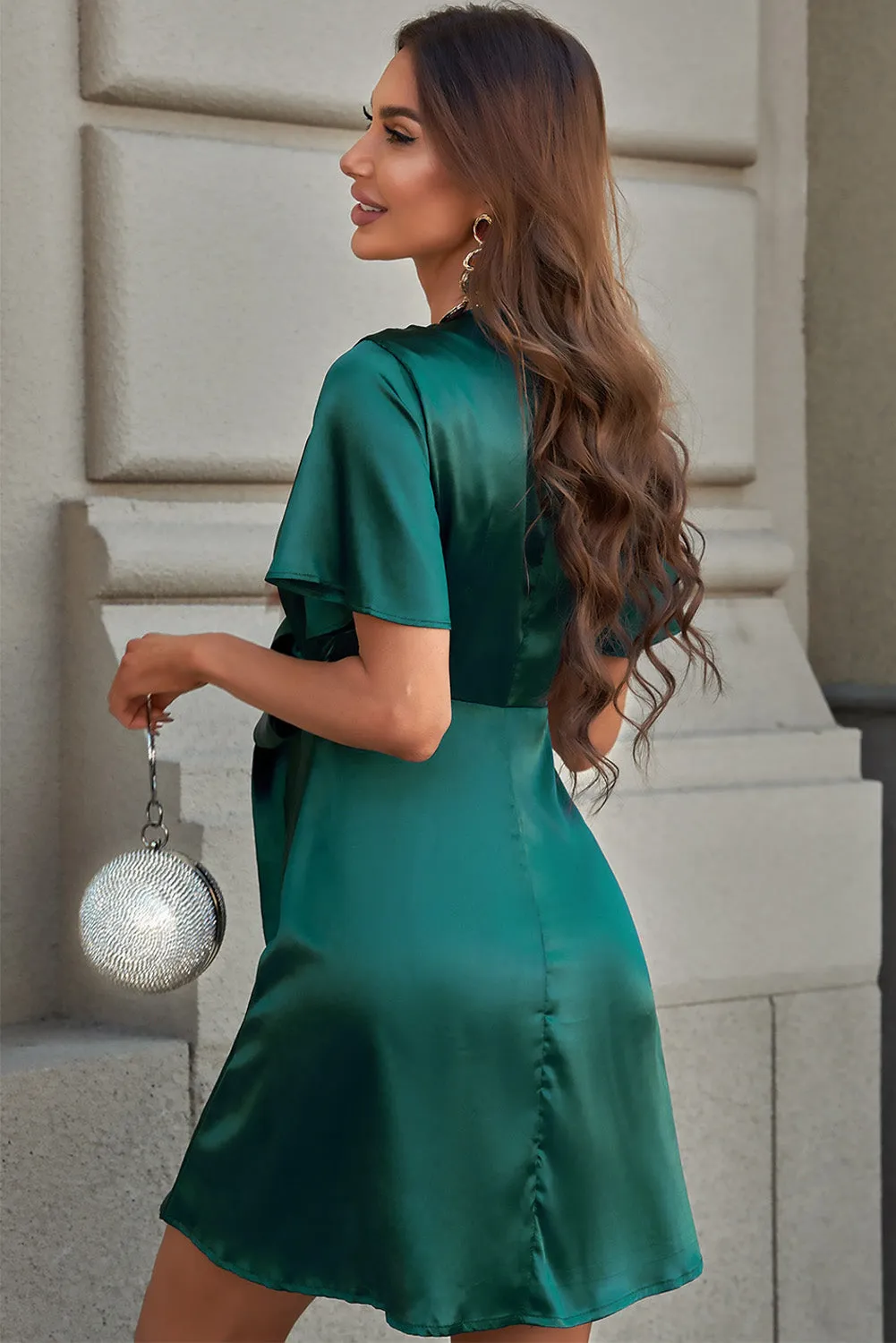 Wedding Guests / Tie Front Plunge Flutter Sleeve Mini Dress