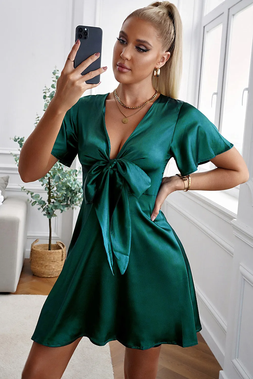 Wedding Guests / Tie Front Plunge Flutter Sleeve Mini Dress
