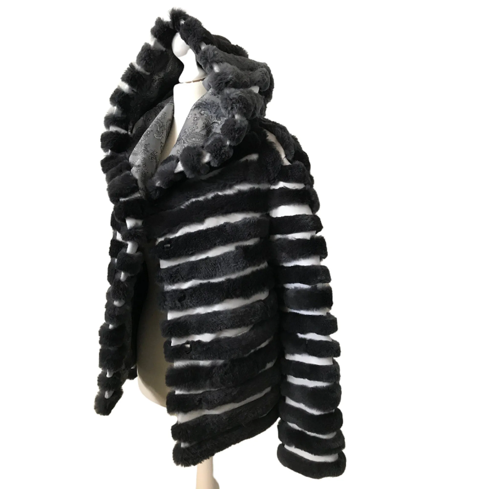 Women jacket сoat grey rabbit fur and white leather