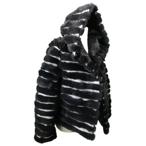 Women jacket сoat grey rabbit fur and white leather