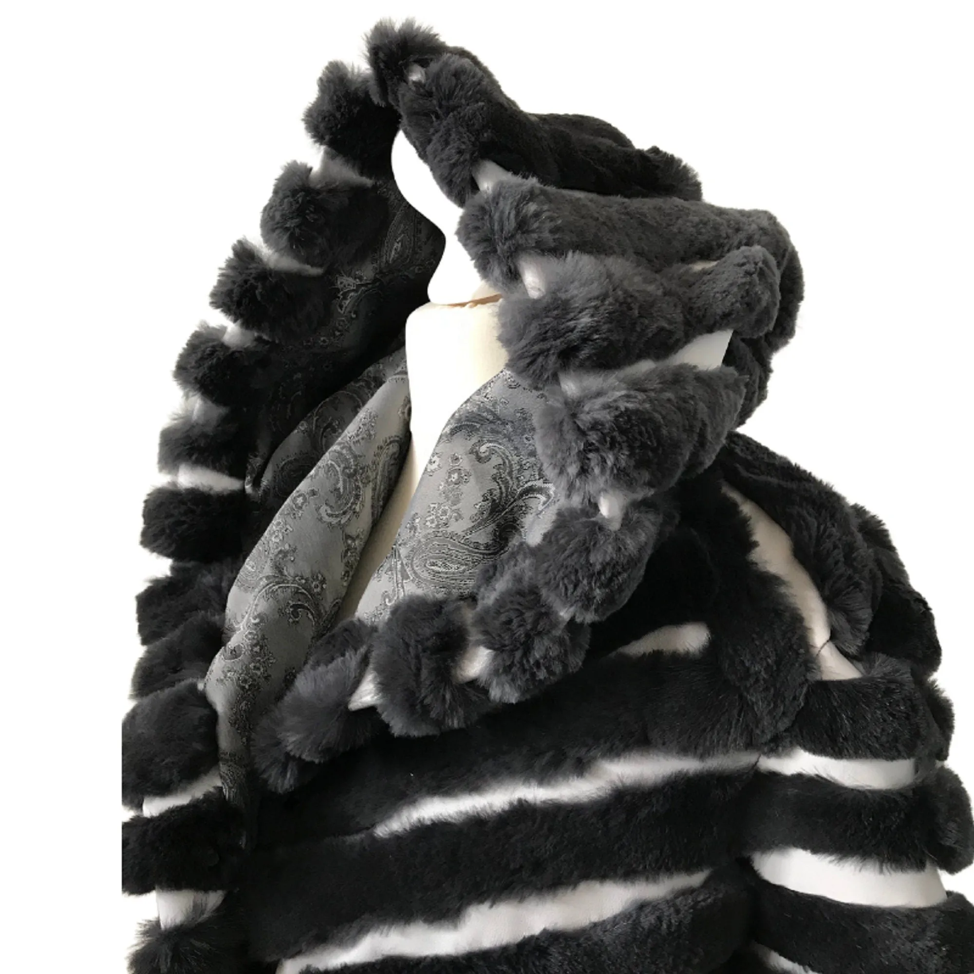Women jacket сoat grey rabbit fur and white leather