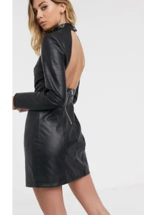 Women Soft Genuine Black Leather Dress Short Quilted Backless Cut Out Design
