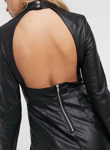 Women Soft Genuine Black Leather Dress Short Quilted Backless Cut Out Design