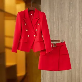 Women's Golden Lion Buttons Red Skirts Blazer Suit Jacket   High Waist Skirts Belt Suit