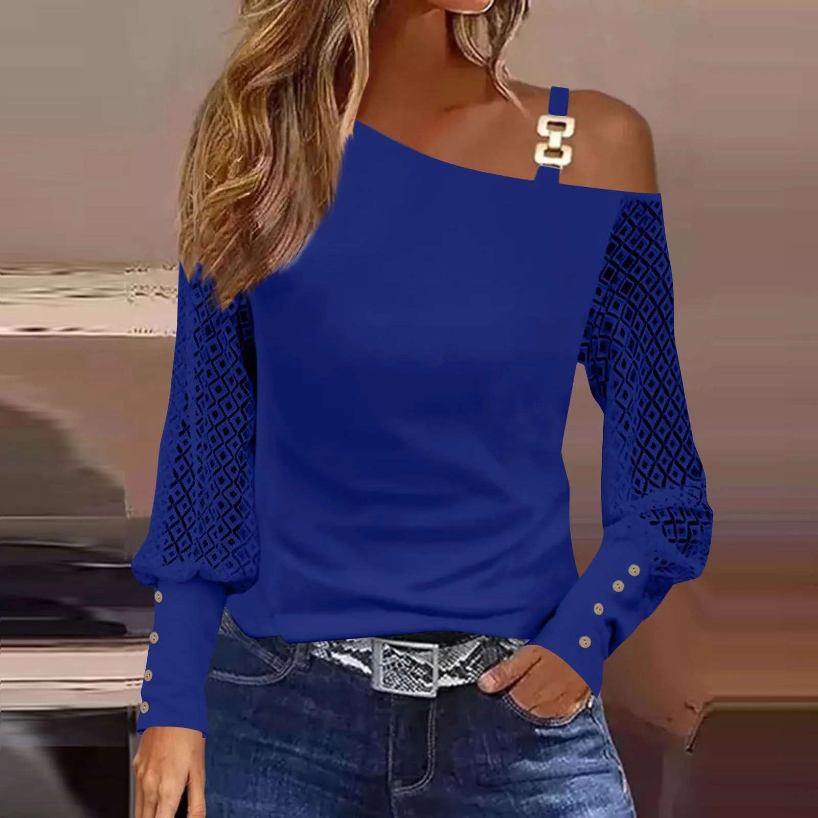 Women's Lace Long-Sleeved off-Shoulder Solid Color T-shirt