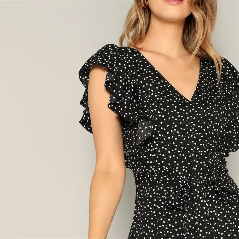 Women's Summer V-Neck Ruffle Jumpsuit With Heart Print