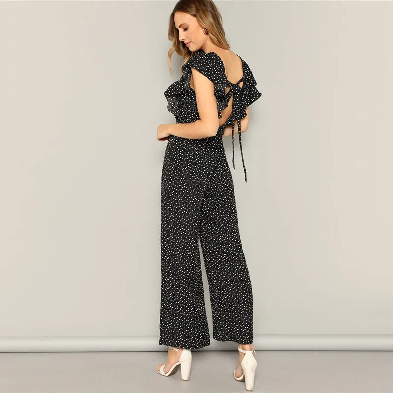 Women's Summer V-Neck Ruffle Jumpsuit With Heart Print