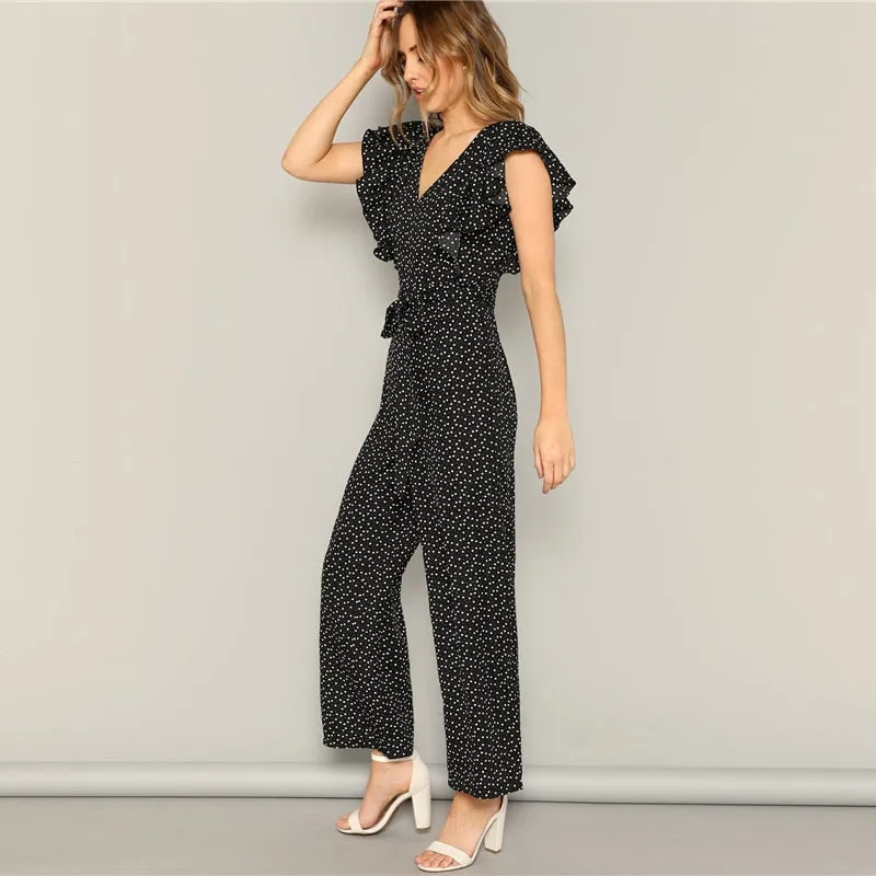 Women's Summer V-Neck Ruffle Jumpsuit With Heart Print