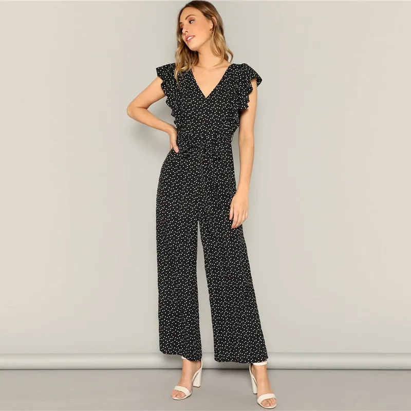 Women's Summer V-Neck Ruffle Jumpsuit With Heart Print