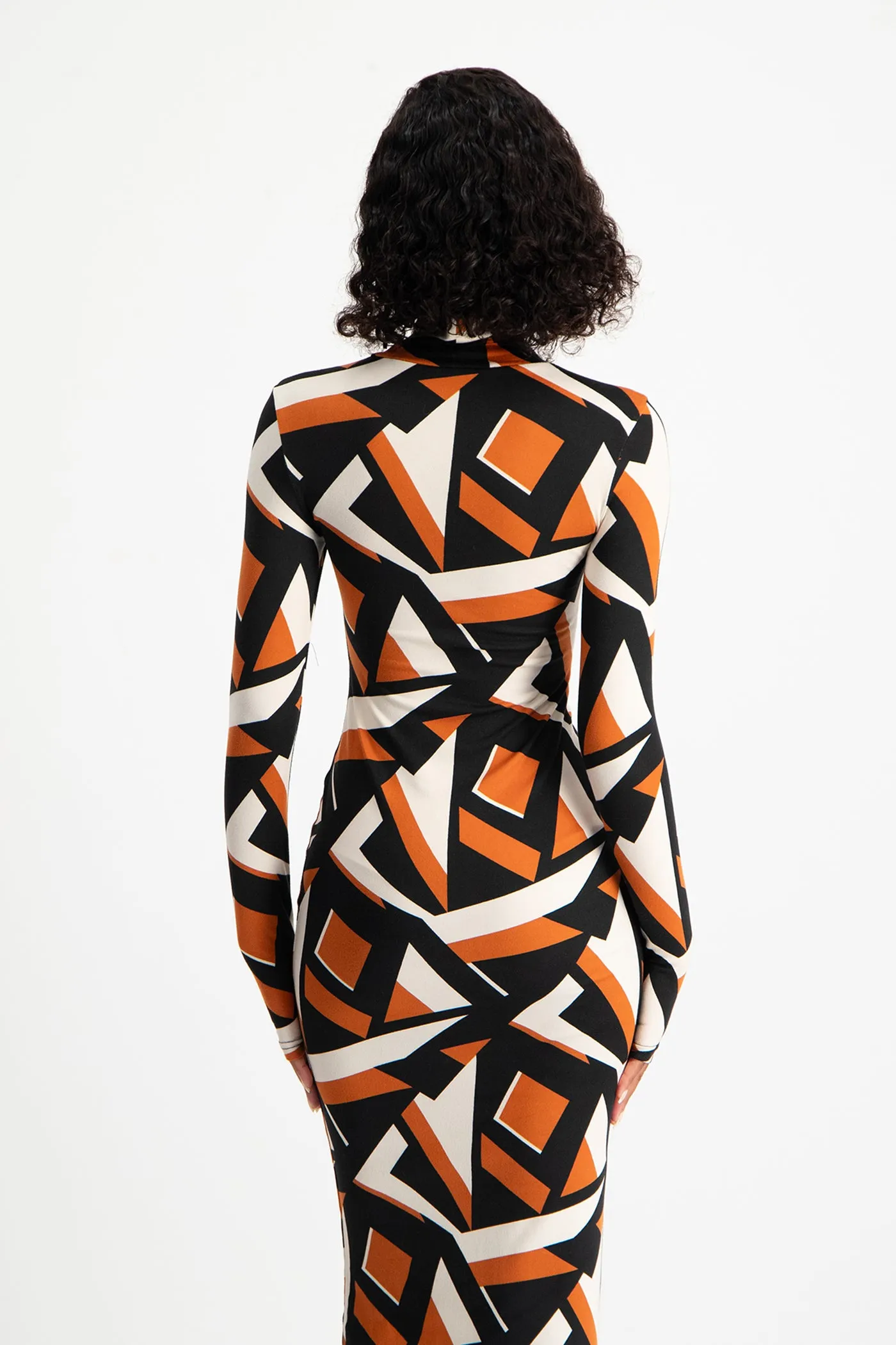 Yolanda Poloneck Bodycon Dress - Rust Geo Print