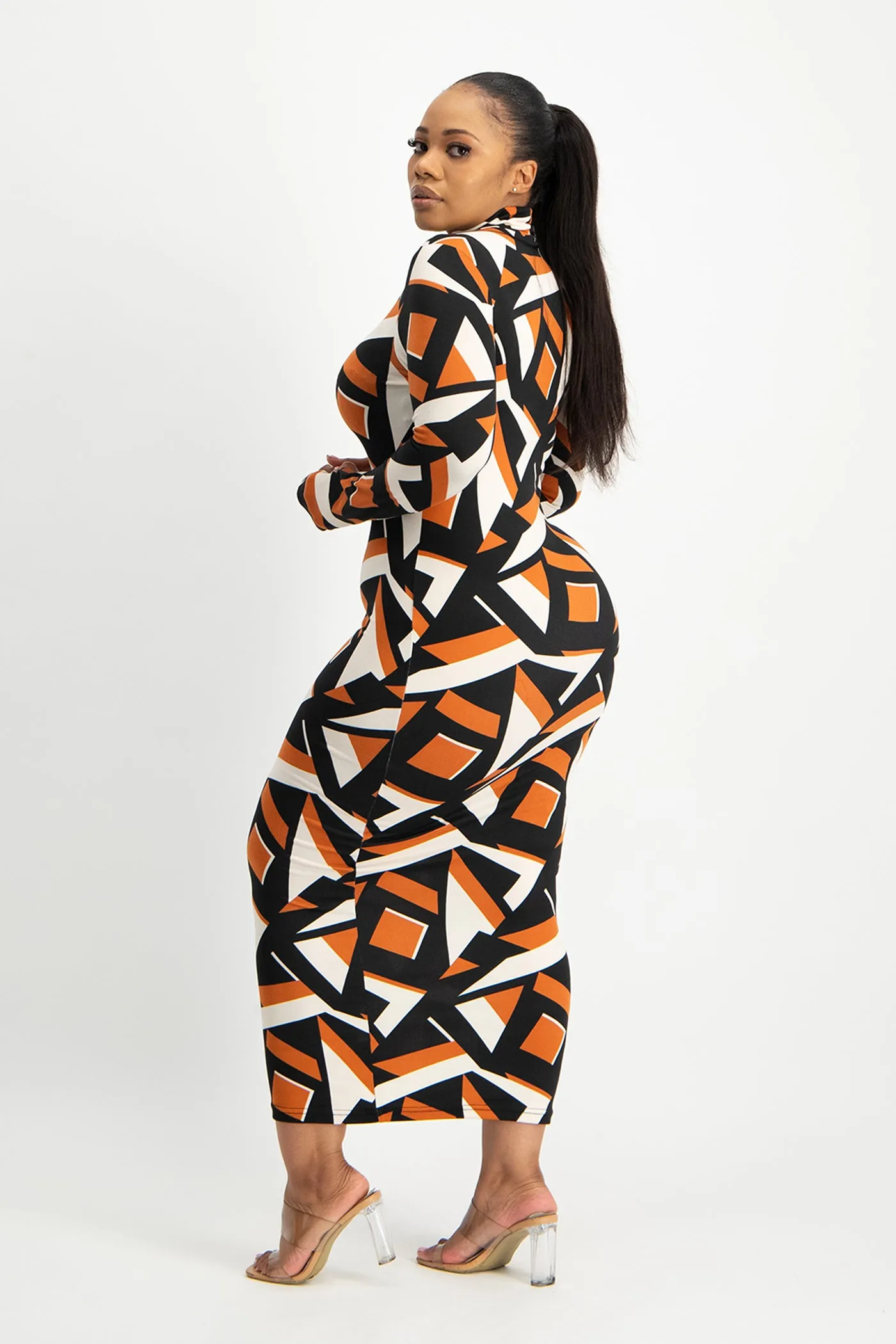 Yolanda Poloneck Bodycon Dress - Rust Geo Print