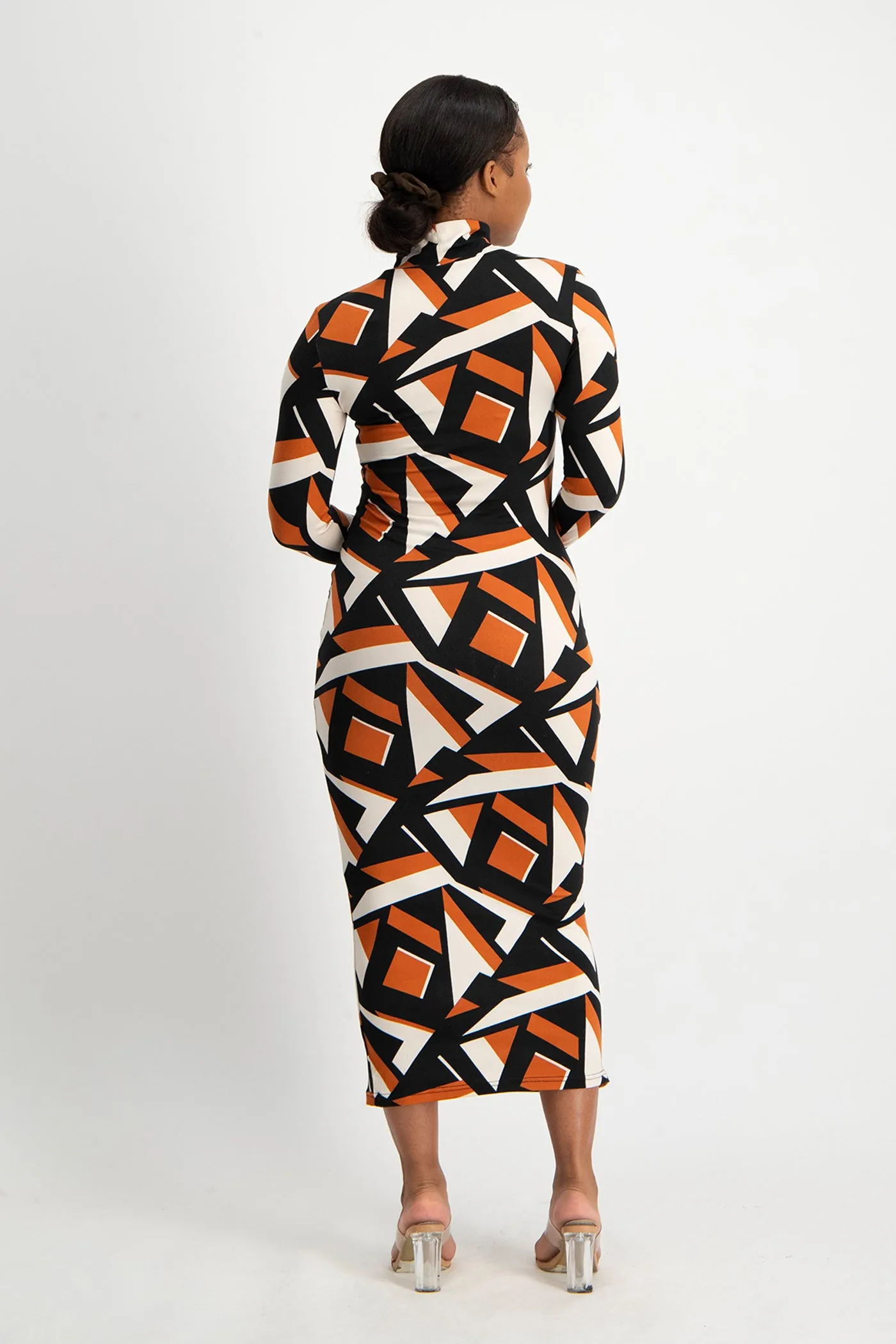 Yolanda Poloneck Bodycon Dress - Rust Geo Print