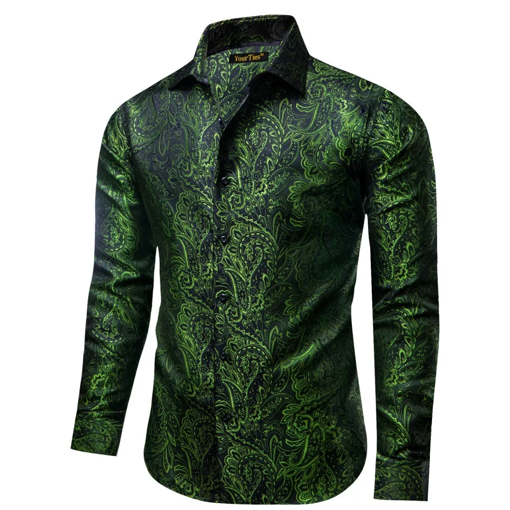 YourTies Olive Green Paisley Silk Shirt Men's Long Sleeve Dress Shirt