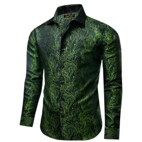YourTies Olive Green Paisley Silk Shirt Men's Long Sleeve Dress Shirt
