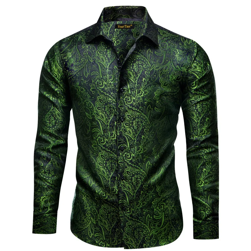 YourTies Olive Green Paisley Silk Shirt Men's Long Sleeve Dress Shirt