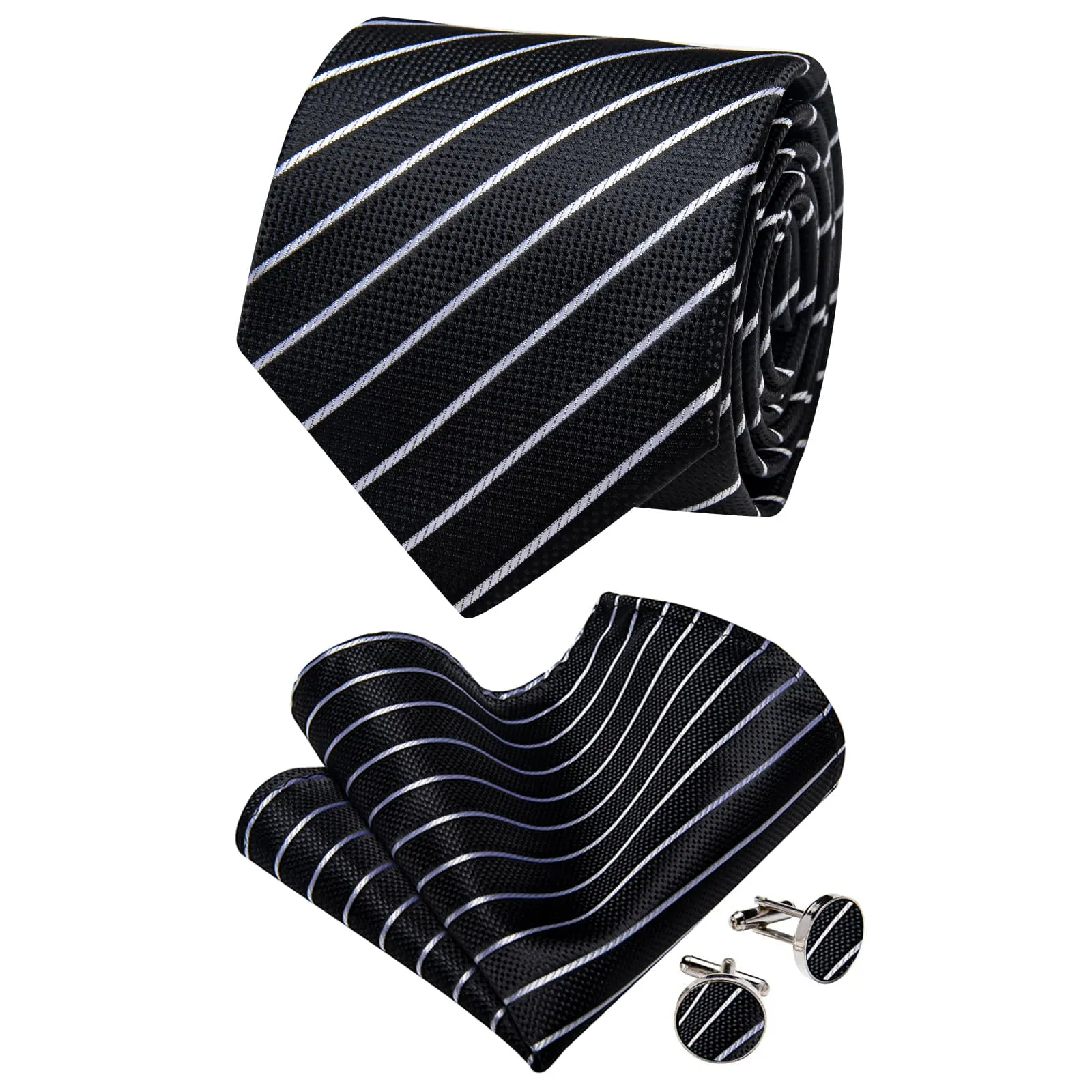 YourTies White Solid Long Sleeve Shirt with Black Striped Silk Necktie for Men